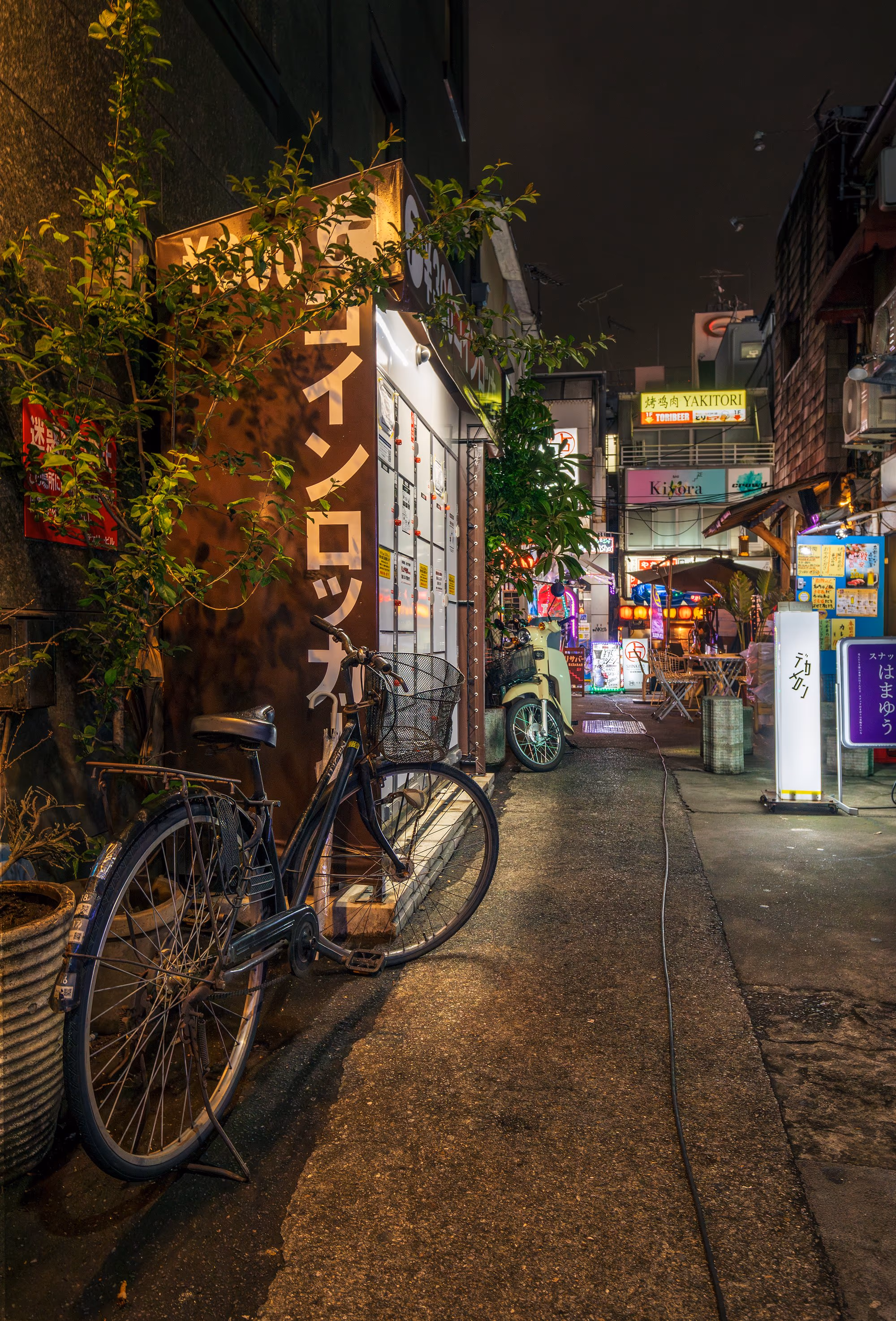Laternen und Schilder in einer Izakaya-Gasse in Tokio