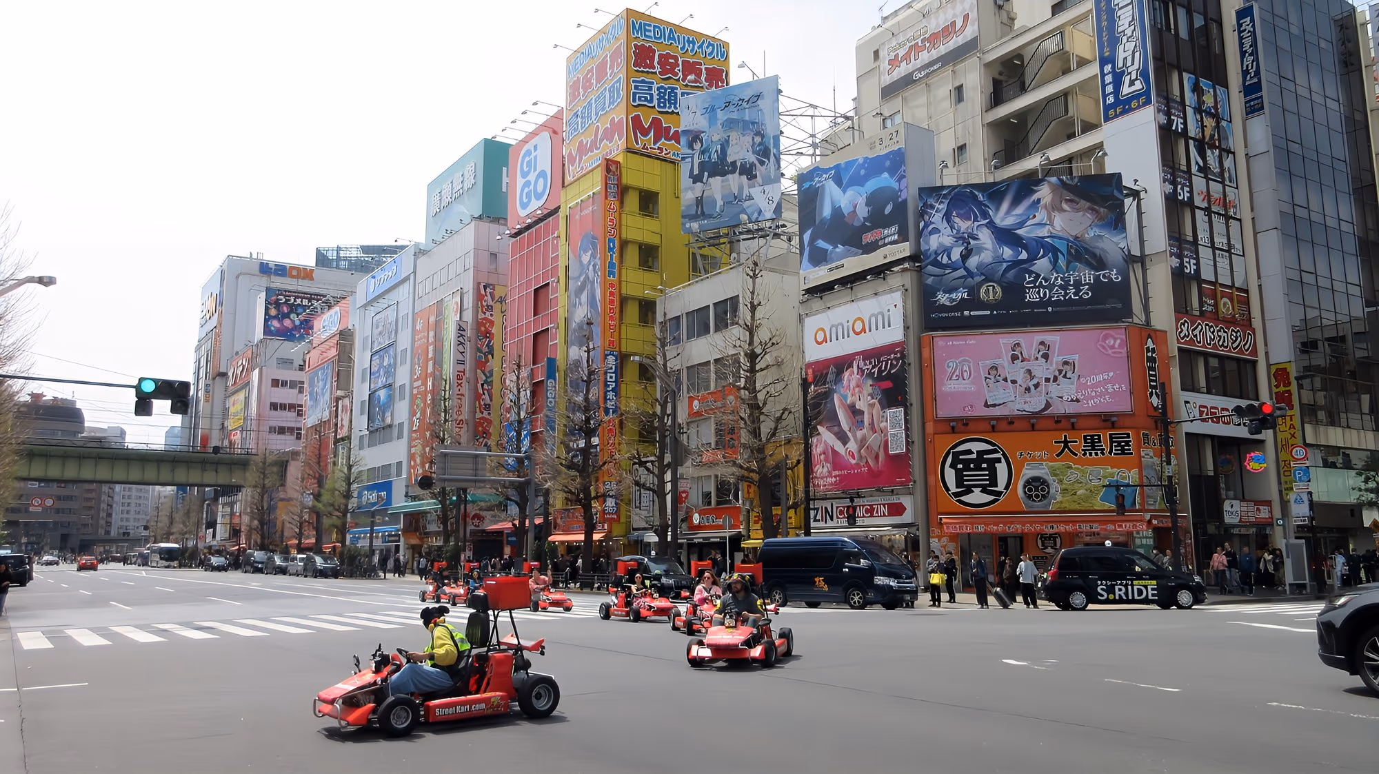 Gruppe kostümierter Fahrer in Karts auf einer Straße in Tokio